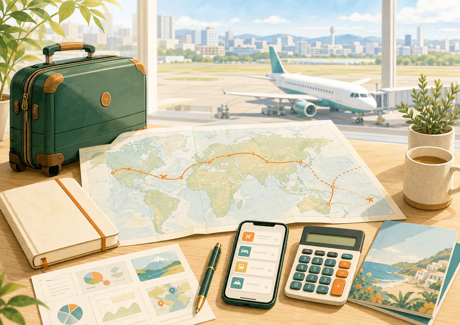 明るい空港を背景に、地図、旅程、スーツケース、計算機を並べた旅行計画の風景